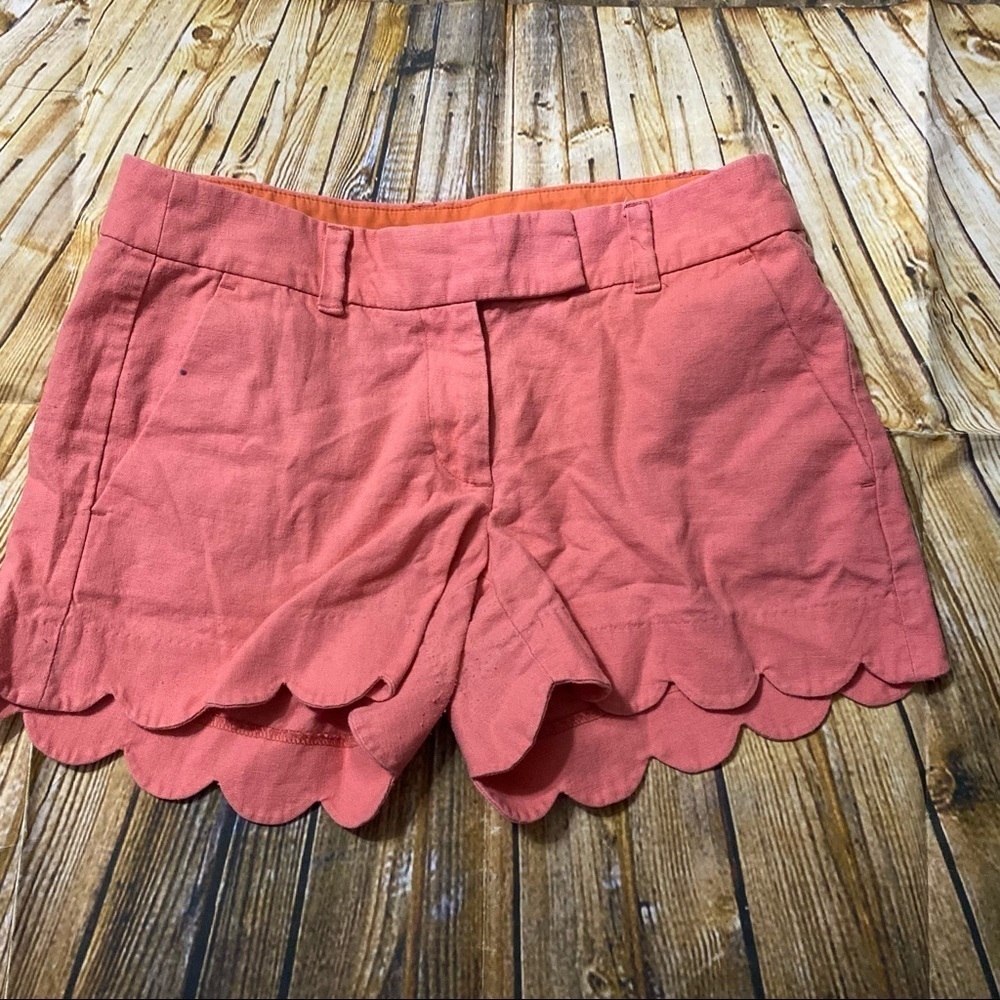J Crew Coral Pink Scalloped Linen Blend Shorts